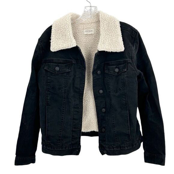 Pacsun Women’s Black Denim Jacket Size Medium Fleece Distressed Retro Boho 90s - Picture 1 of 11